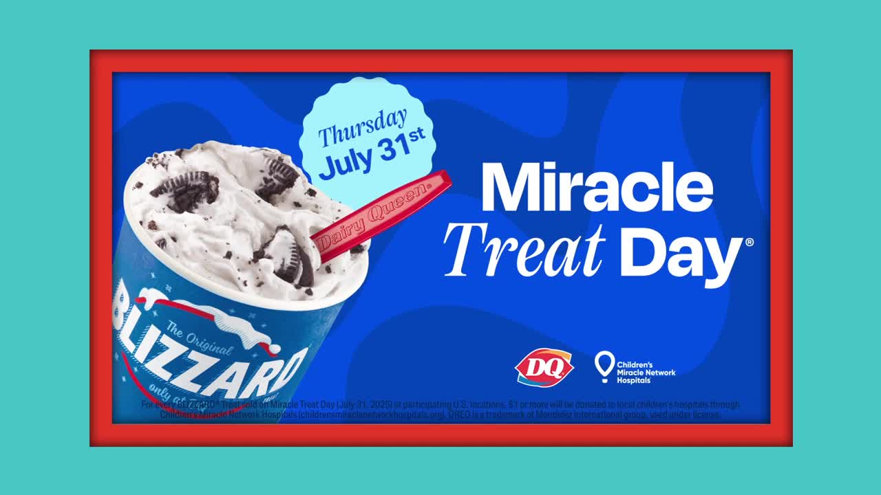 A Dairy Queen Blizzard, overflowing with cookies and cream, sits on a bright blue background. The ad promotes "Miracle Treat Day" on July 31st.
