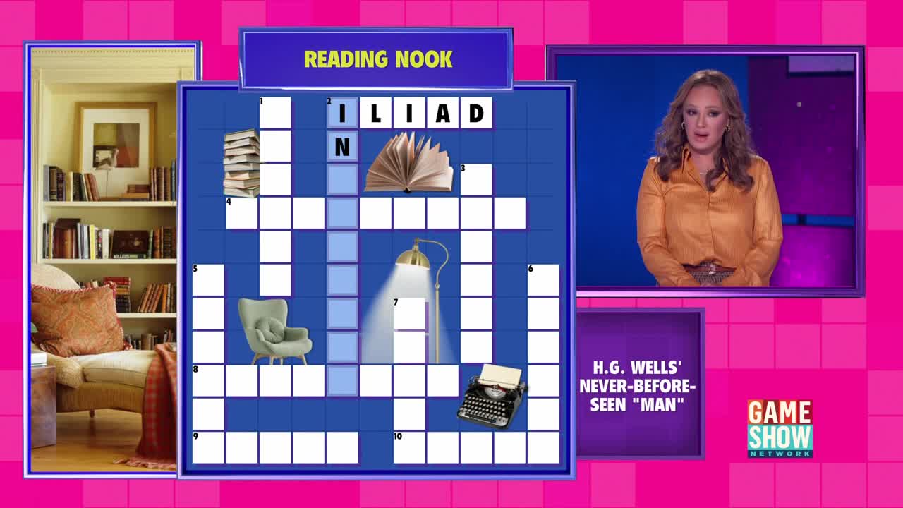 A crossword puzzle with a "Reading Nook" theme is displayed on the screen, with a host from the Game Show Network in the corner. The host seems to be explaining a clue.
