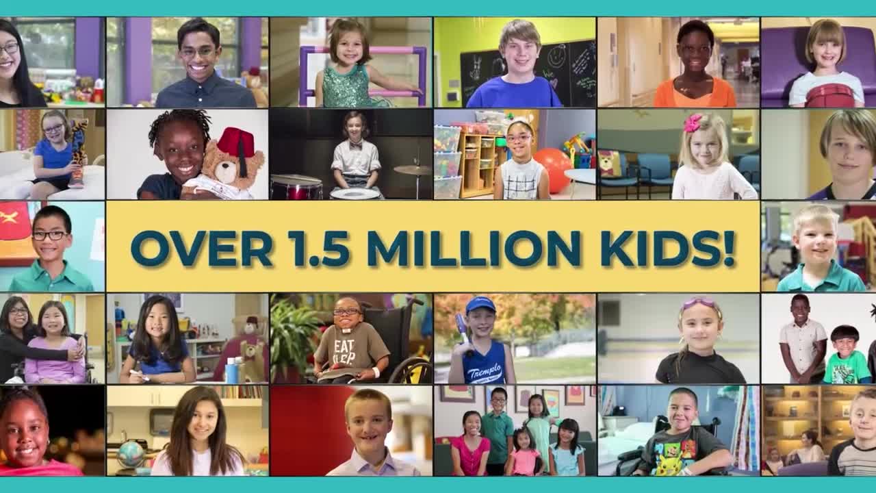 A grid of smiling children fills the screen, with the words "OVER 1.5 MILLION KIDS!" prominently displayed. Each child appears to be in a separate frame, likely on a video call.
