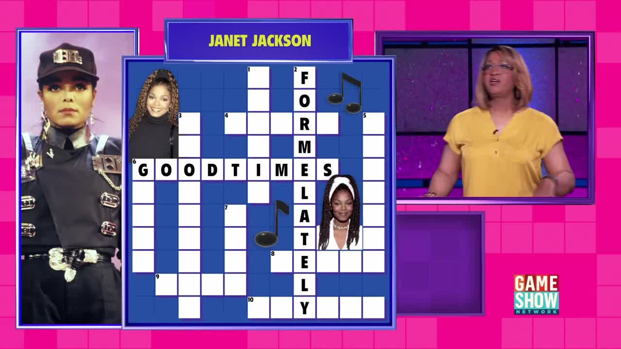 A contestant on the Game Show Network stands ready, while a crossword puzzle about Janet Jackson fills the screen. The puzzle's clues are musical notes and pictures of the singer.
