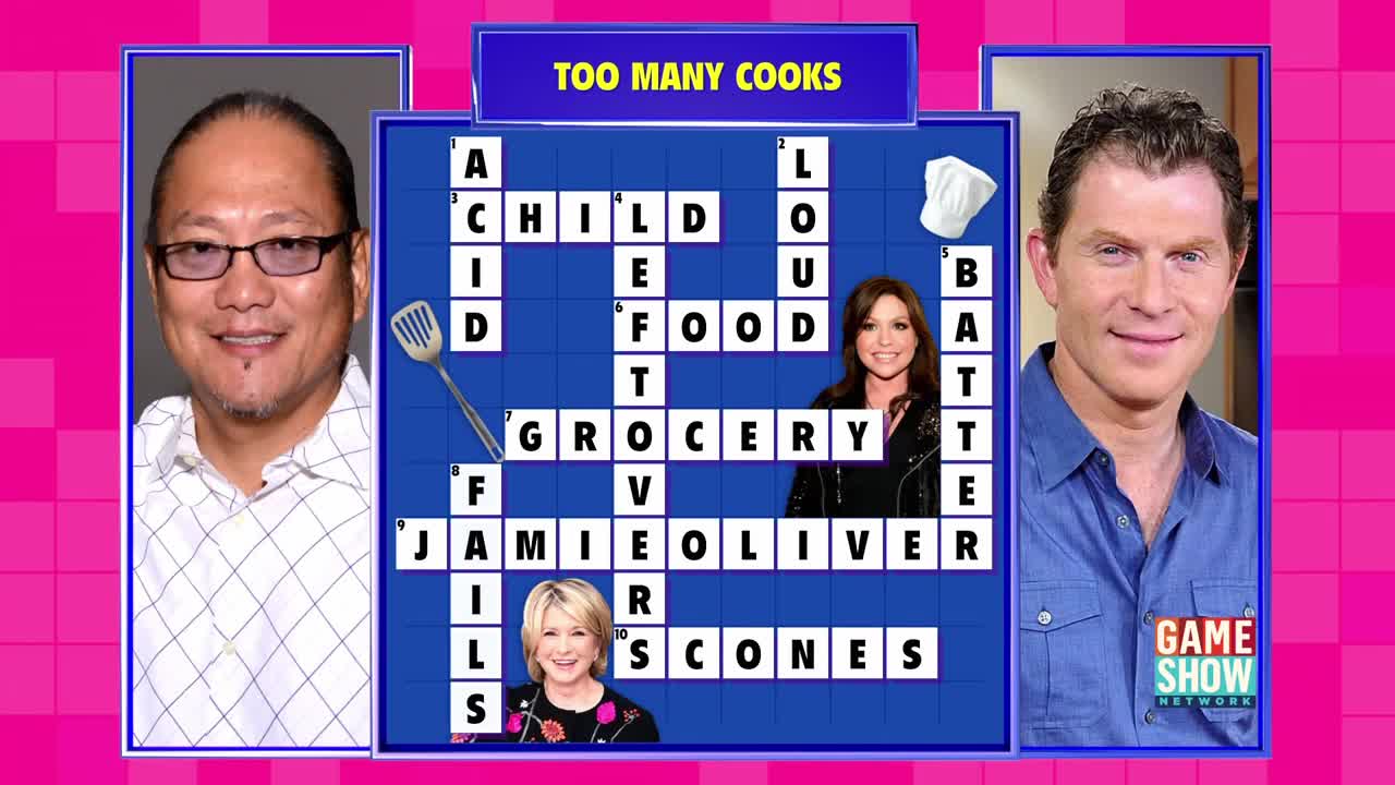 A crossword puzzle with the title "Too Many Cooks" dominates the screen, featuring celebrity chefs' faces on either side. The Game Show Network logo is visible in the corner.

