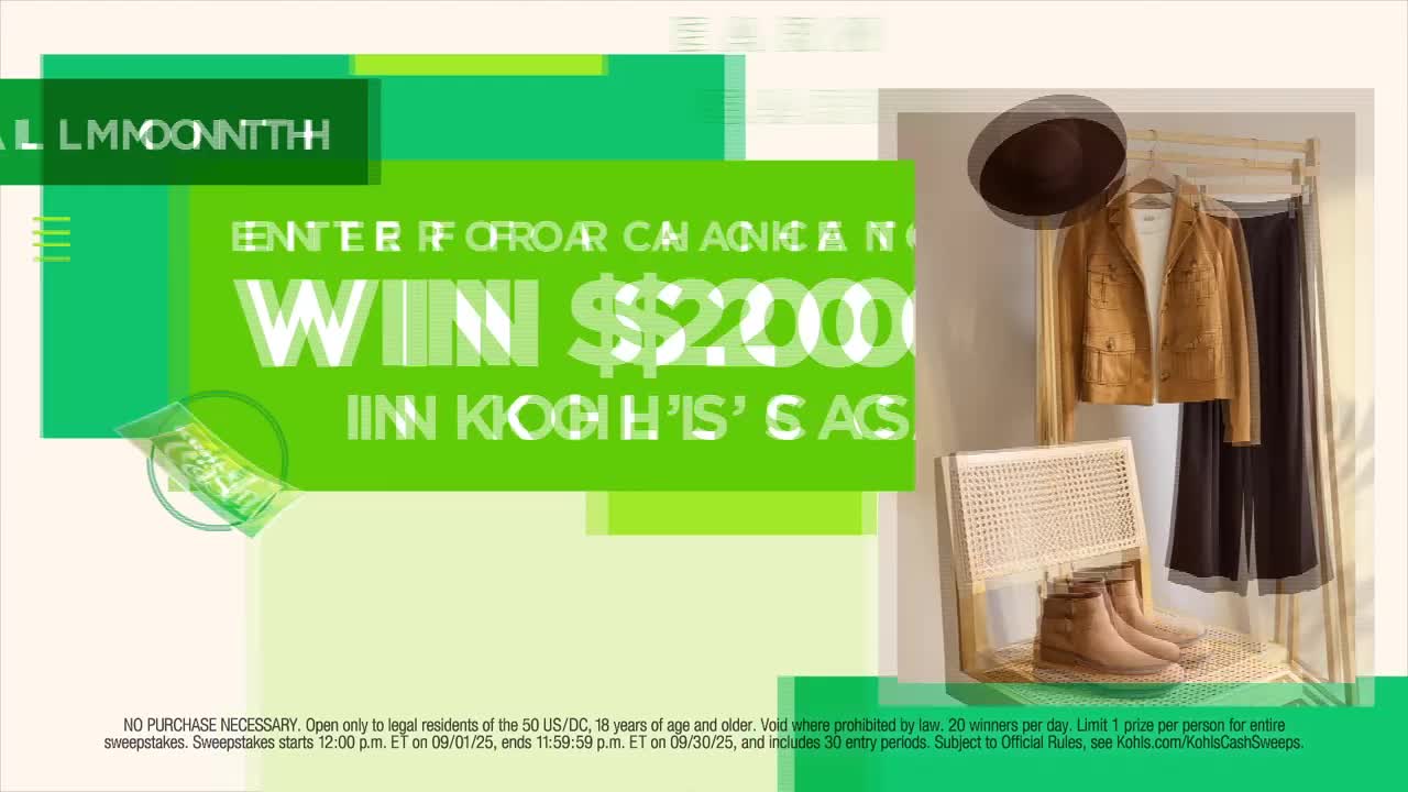 A green graphic shouts "WIN $2,000" over a display of clothes, boots, and a hat. Small print at the bottom details a sweepstakes starting in September.
