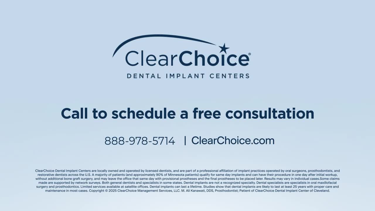 A blue screen displays an advertisement for ClearChoice Dental Implant Centers. The phone number and website are listed below a call to schedule a free consultation.
