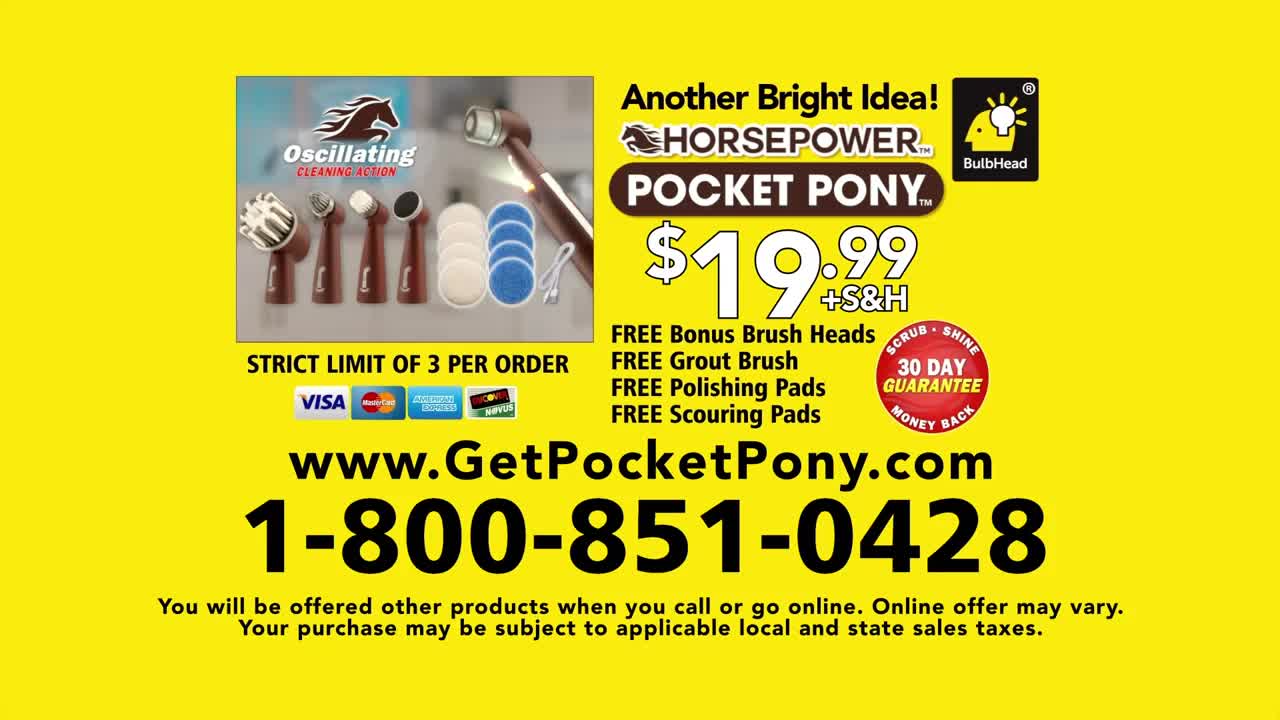 A bright yellow background frames an advertisement for the "Pocket Pony" cleaning tool. The ad displays the product with its various attachments, along with a price and a phone number.
