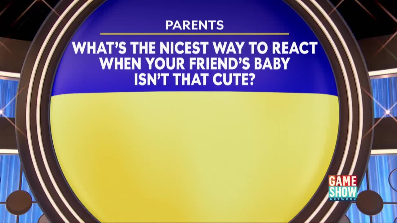 The Game Show Network logo sits in the lower right corner, next to a screen displaying a question about how to react to a friend's baby. The question is centered on a blue and yellow backdrop, ready for the answers.
