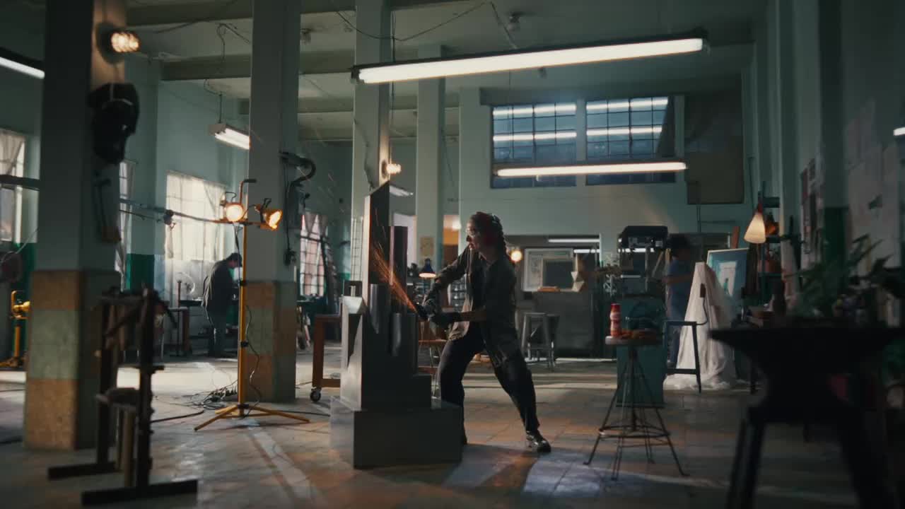 A person is working on a tall, dark structure, sparks flying as they cut into it. In the background, another person is bent over a workbench.