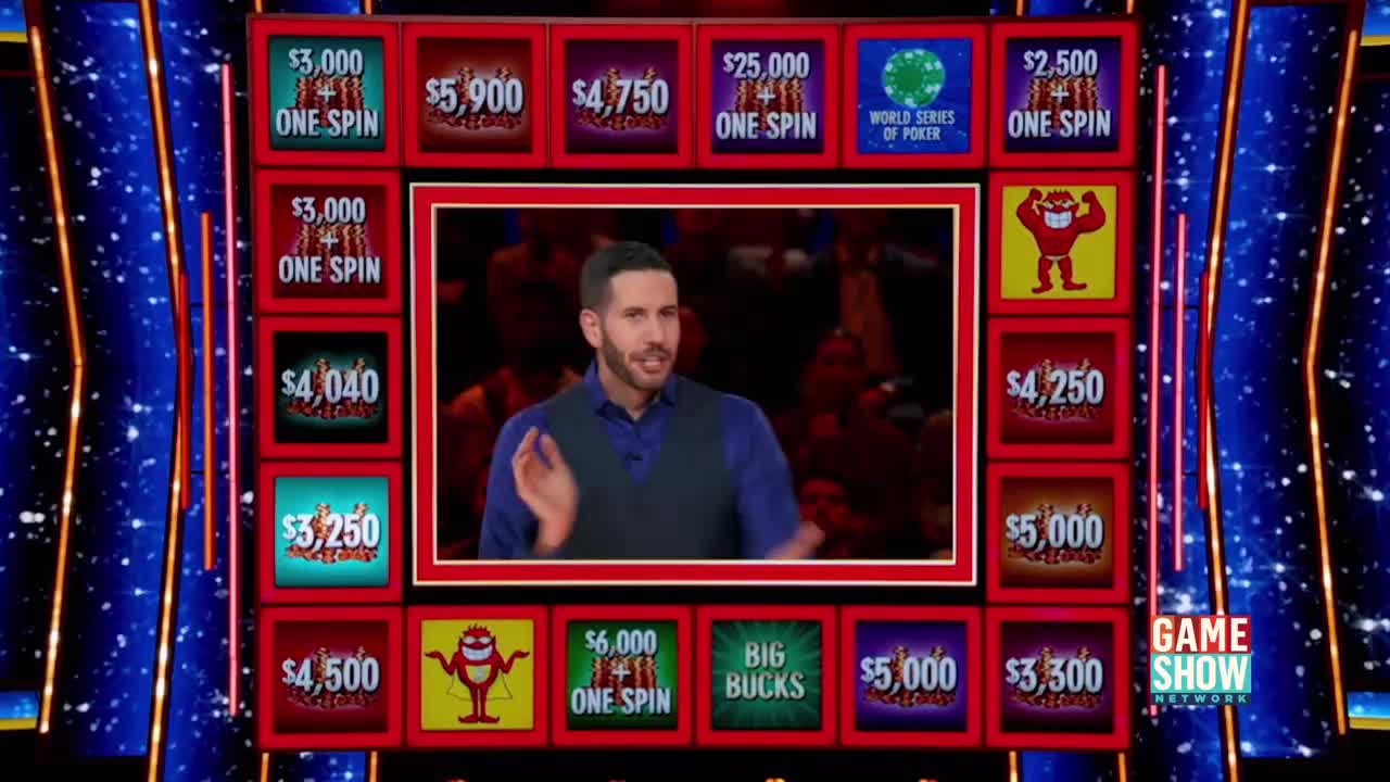 The host gestures enthusiastically as the game board displays various dollar amounts and the "World Series of Poker" prize. The Game Show Network logo is visible on the right side of the screen.