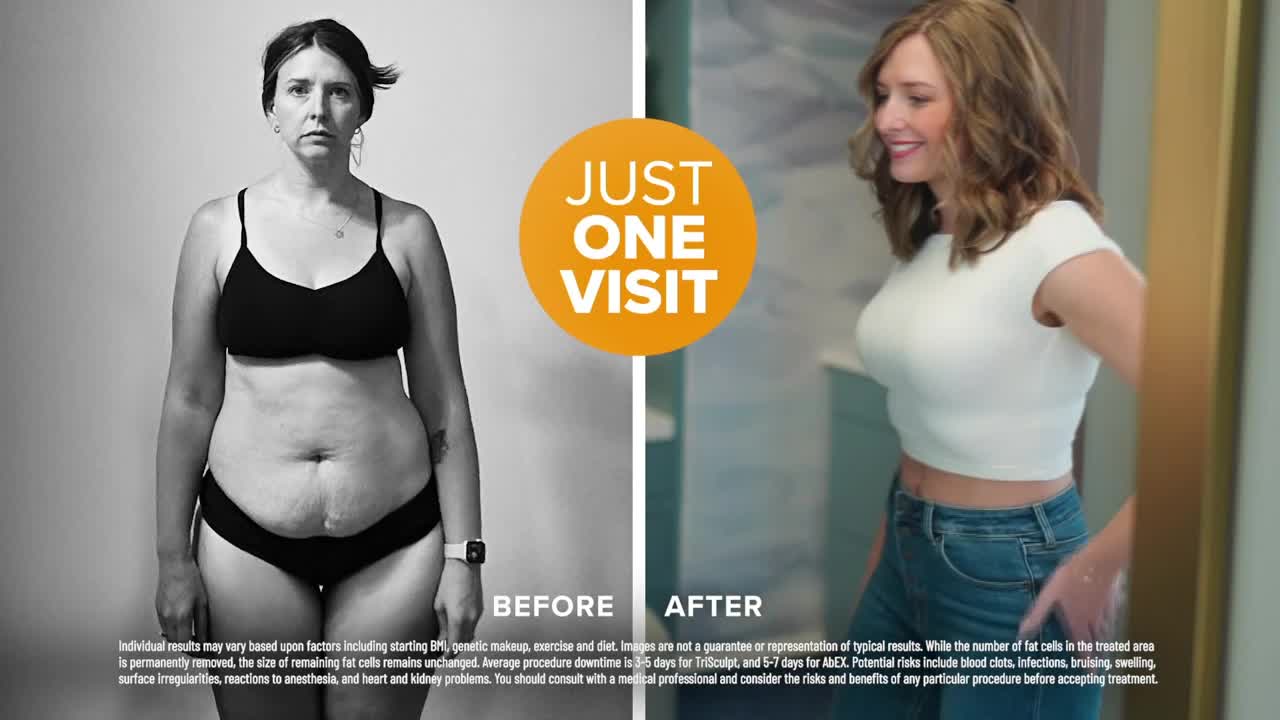A woman stands in a black bikini, looking directly ahead. To her right, a different woman in a white crop top and jeans smiles, her body noticeably slimmer. A bright orange circle with "JUST ONE VISIT" hovers between them.