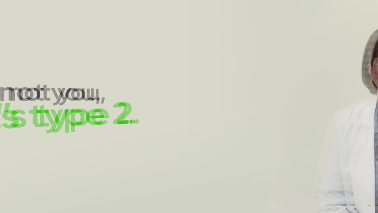 Text floats across the screen, "not you, it's type 2." A person in a lab coat stands to the right, their face partially obscured.
