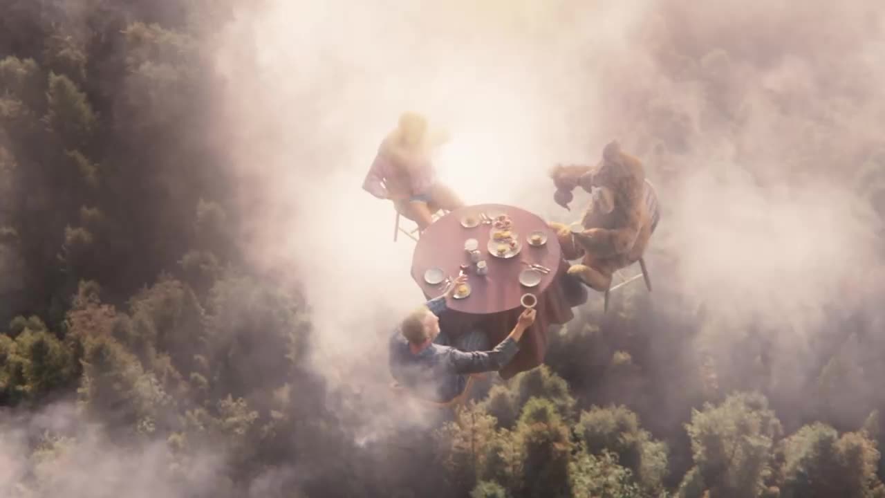 A man in a blue shirt offers a cup of tea to a figure in a furry costume. They're seated at a round table, suspended above a misty forest canopy.