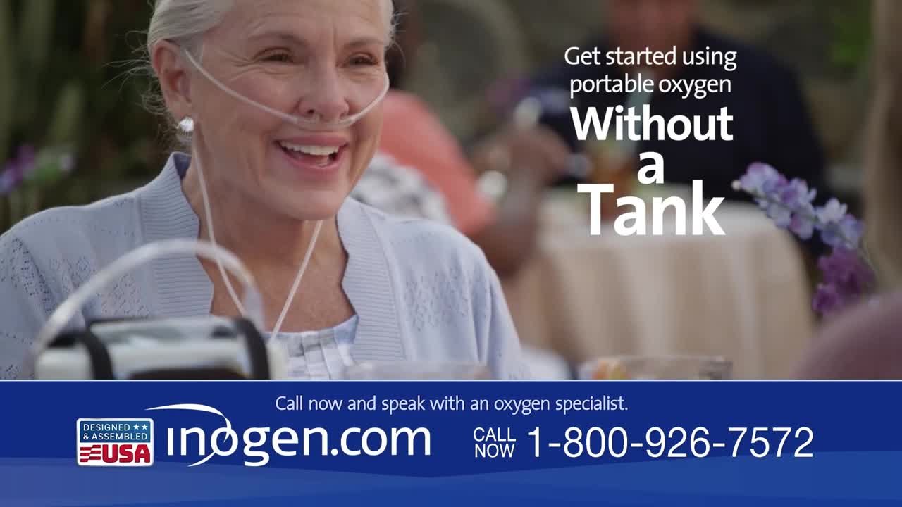 An older woman smiles, a thin tube leading from her nose to a portable device beside her. The text on screen promises a way to get started using portable oxygen without a tank.