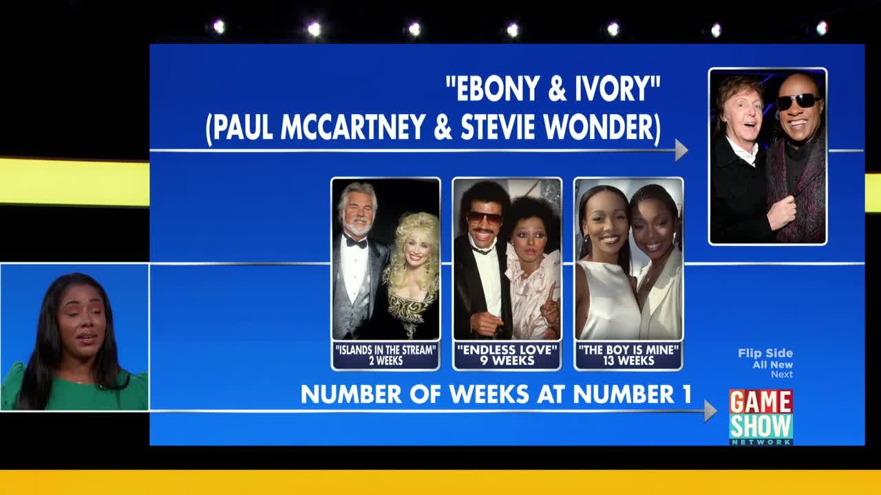 A woman in a green dress is looking intently at the screen. The screen displays "Ebony & Ivory" by Paul McCartney & Stevie Wonder, alongside images of other duets and their chart success.