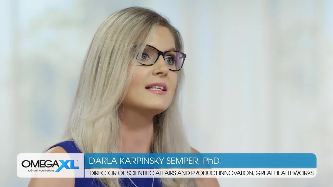 A woman with blonde hair and glasses speaks directly to the camera. A graphic at the bottom identifies her as Darla Karpinsky Semper, PhD, Director of Scientific Affairs and Product Innovation at Great HealthWorks.