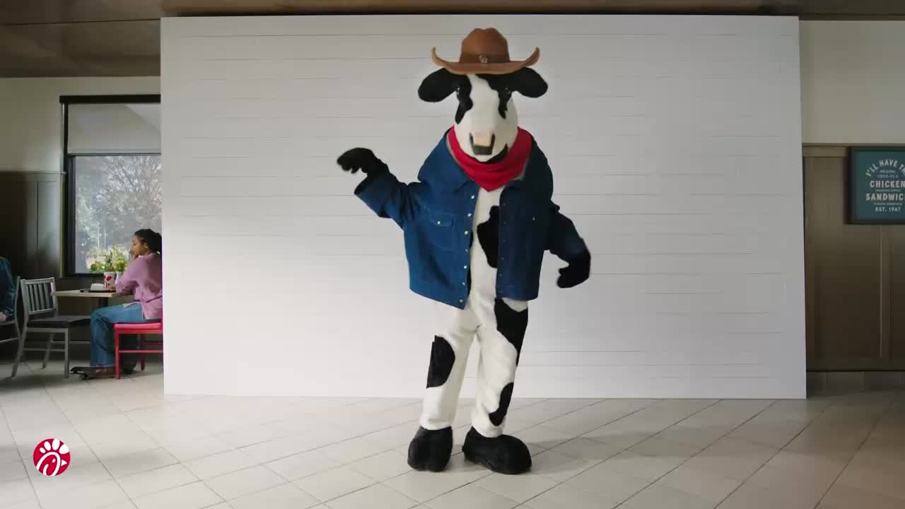 A cow mascot in a cowboy hat and denim jacket dances in front of a white wall. Two people sit at a table in the background, and a sign for "Chicken Sandwich" hangs on the far wall.