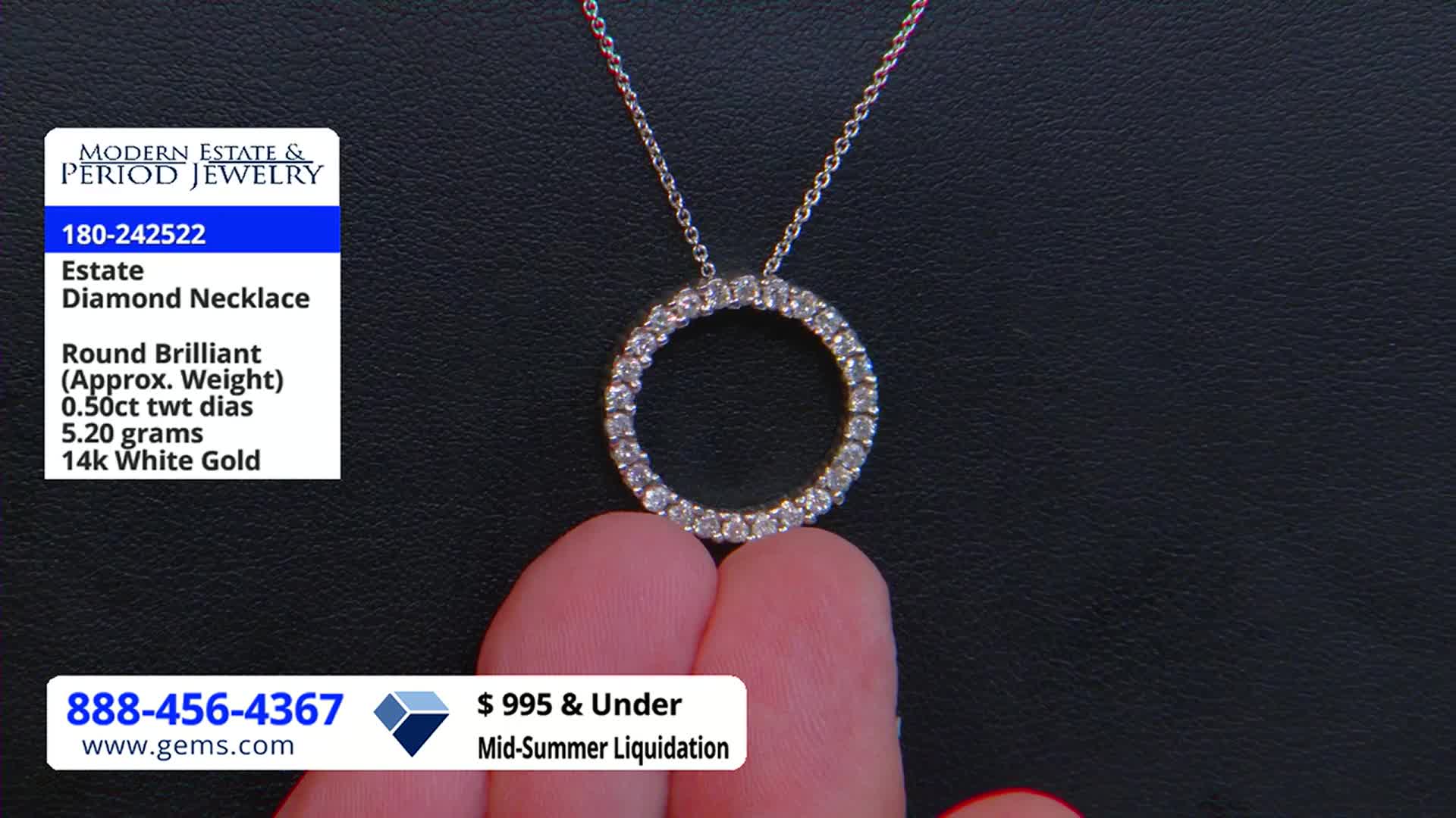 A diamond-studded circle pendant hangs from a delicate chain, held up by a person's fingers. The Gem Shopping Network is advertising a "Mid-Summer Liquidation" sale, with this necklace priced under $995.
