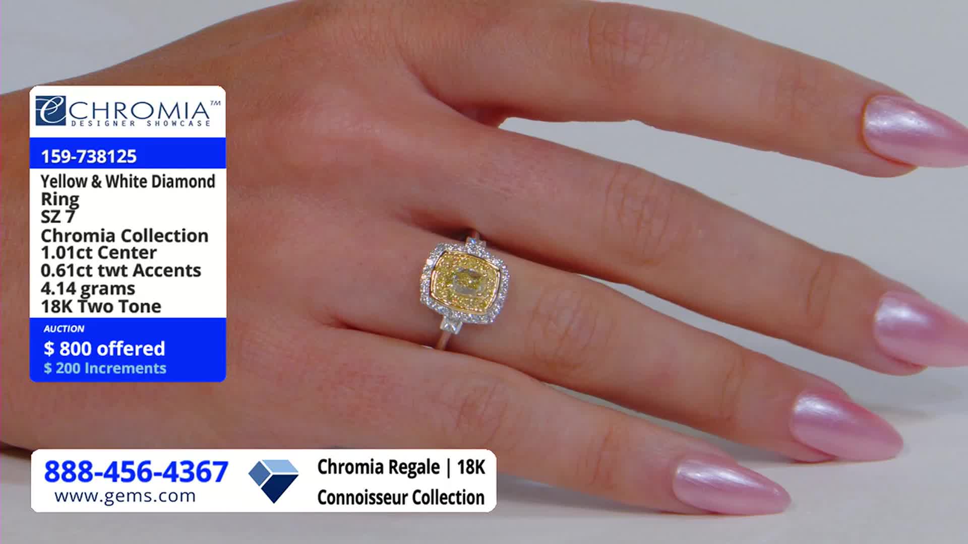 A hand, with long, polished nails, displays a large ring with a yellow center stone. On a screen, the Gem Shopping Network details the ring's features, including its size and the current auction bid.

