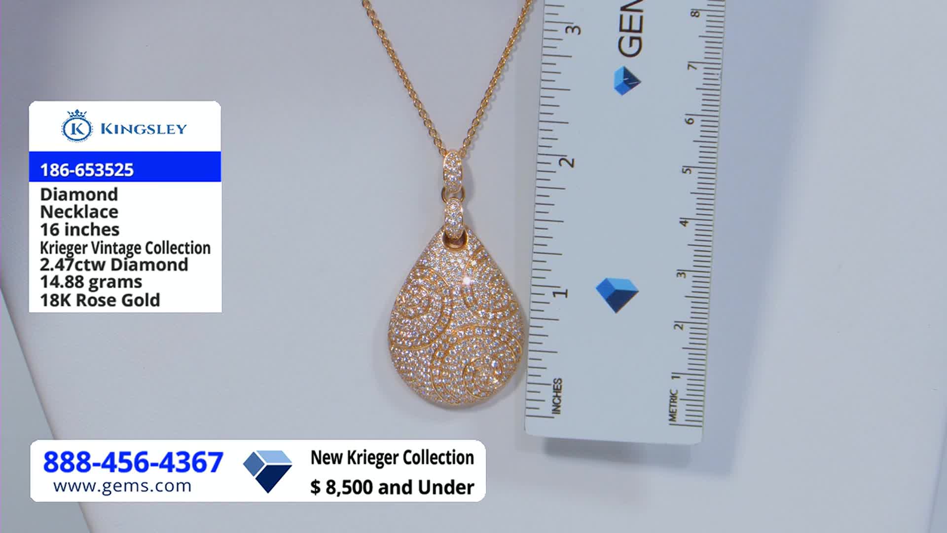 A rose gold diamond pendant hangs next to a ruler, its teardrop shape covered in glittering stones. The Gem Shopping Network display shows the necklace's details, including the price and the Krieger Vintage Collection.
