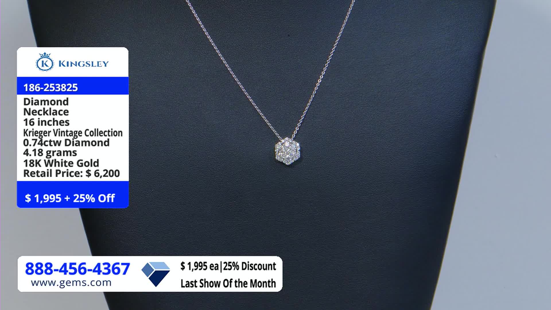 A diamond necklace, showcased on a black display, sparkles under the studio lights. Text on the screen from the Gem Shopping Network details the piece's specifications and sale price.
