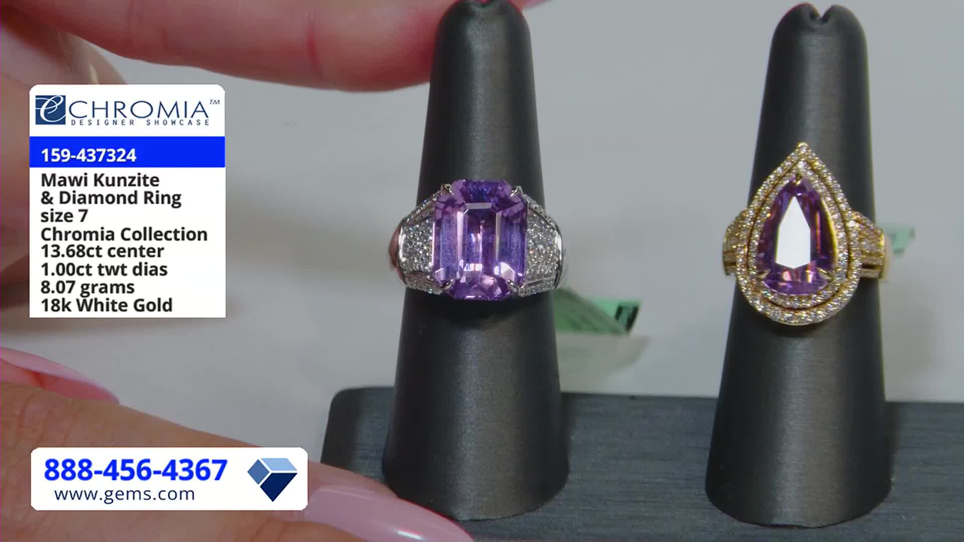 Two rings, one emerald-cut and the other pear-shaped, sit on black display stands. A Gem Shopping Network graphic lists the details of the first ring: a Mawi Kunzite and diamond ring.
