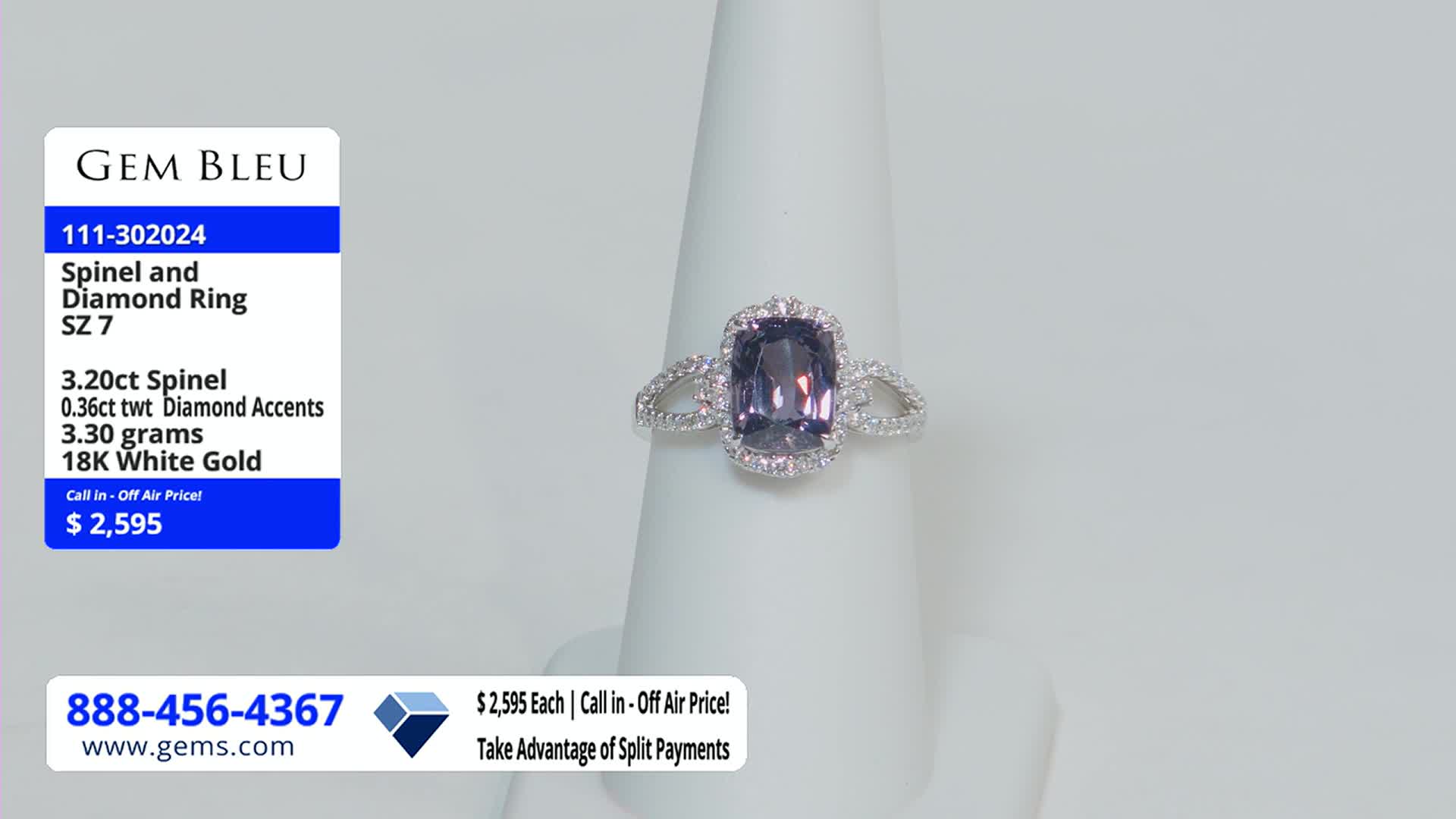 A ring with a large, purple-hued stone sits on a white display cone. The Gem Shopping Network graphic in the corner details the ring's features and price.
