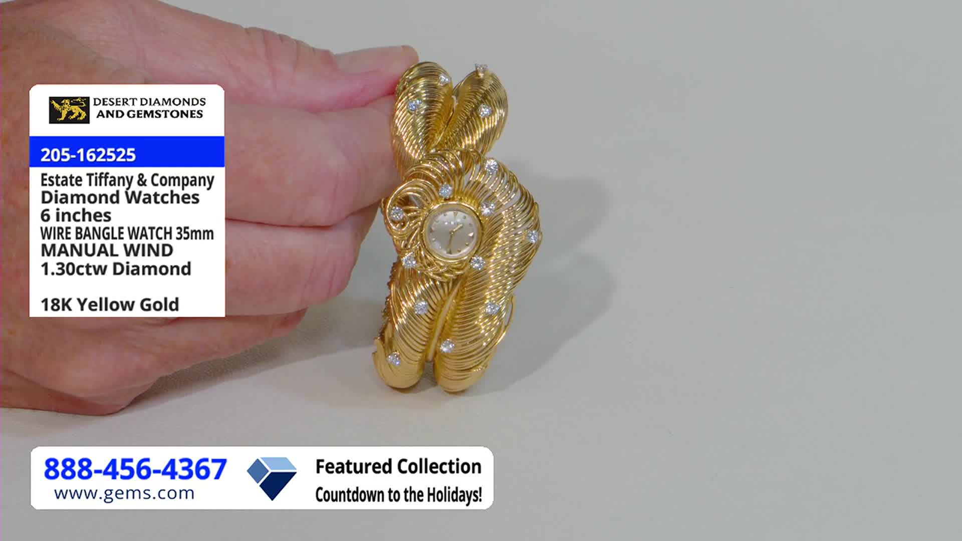 A hand holds up a gold, wire-woven watch, studded with diamonds. The Gem Shopping Network graphic identifies it as an Estate Tiffany & Company piece.
