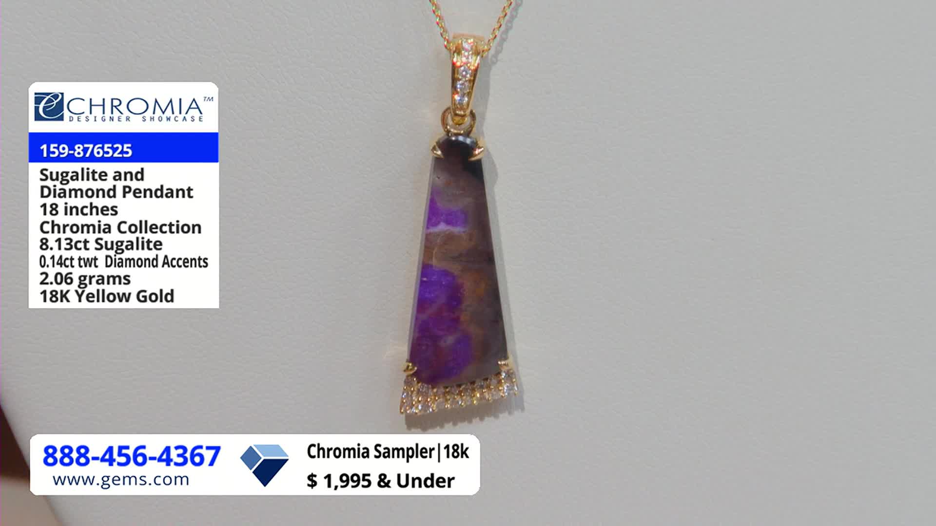 A pendant with a striking purple stone hangs centered against a neutral backdrop. Details about the Sugalite and diamond pendant, including its price and the Gem Shopping Network's phone number, are displayed on the left and bottom of the screen.

