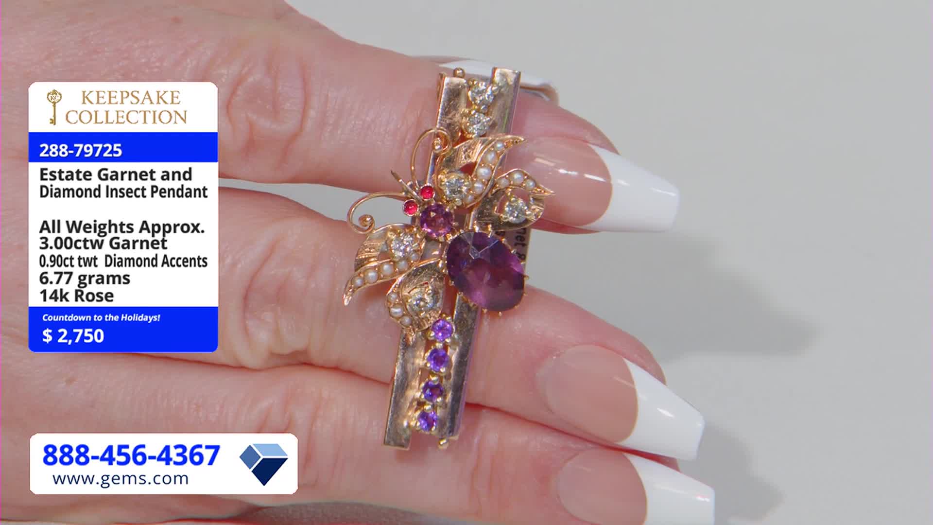 A hand with long, manicured nails holds a gold insect pendant, showcasing its garnet and diamond details. On the Gem Shopping Network screen, the price and description are displayed alongside a countdown to the holidays.

