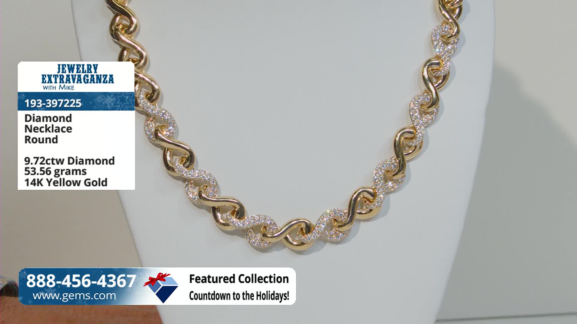 A gold and diamond necklace, displayed on a white mannequin, is the focus. The Gem Shopping Network graphic in the corner provides details about the jewelry.
