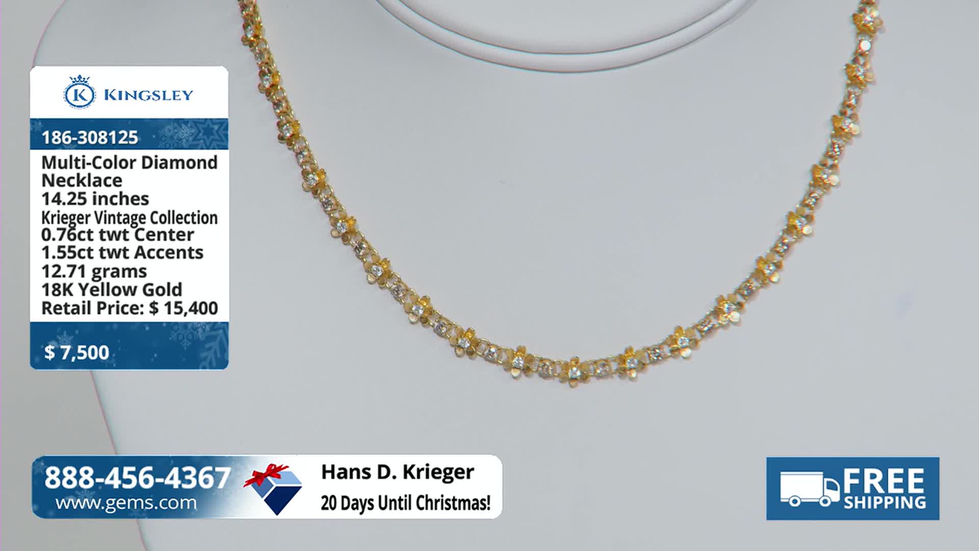 A multi-colored diamond necklace, set in yellow gold, rests on a white display. The Gem Shopping Network is advertising it for $7,500, with Christmas just around the corner.
