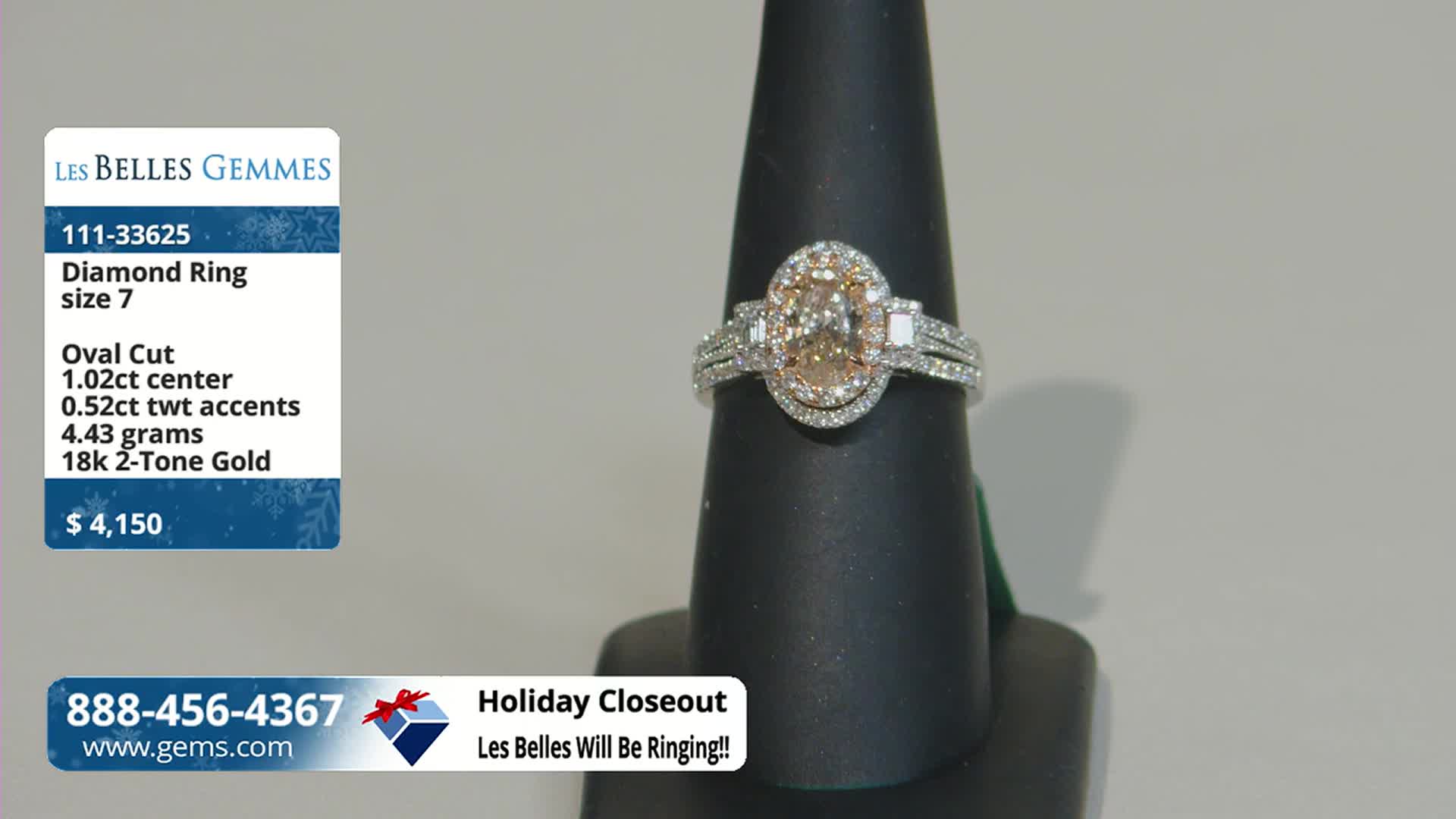 A diamond ring, with a large oval center stone, sits on a black display stand. The Gem Shopping Network is advertising a "Holiday Closeout" on this piece, which is priced at $4,150.
