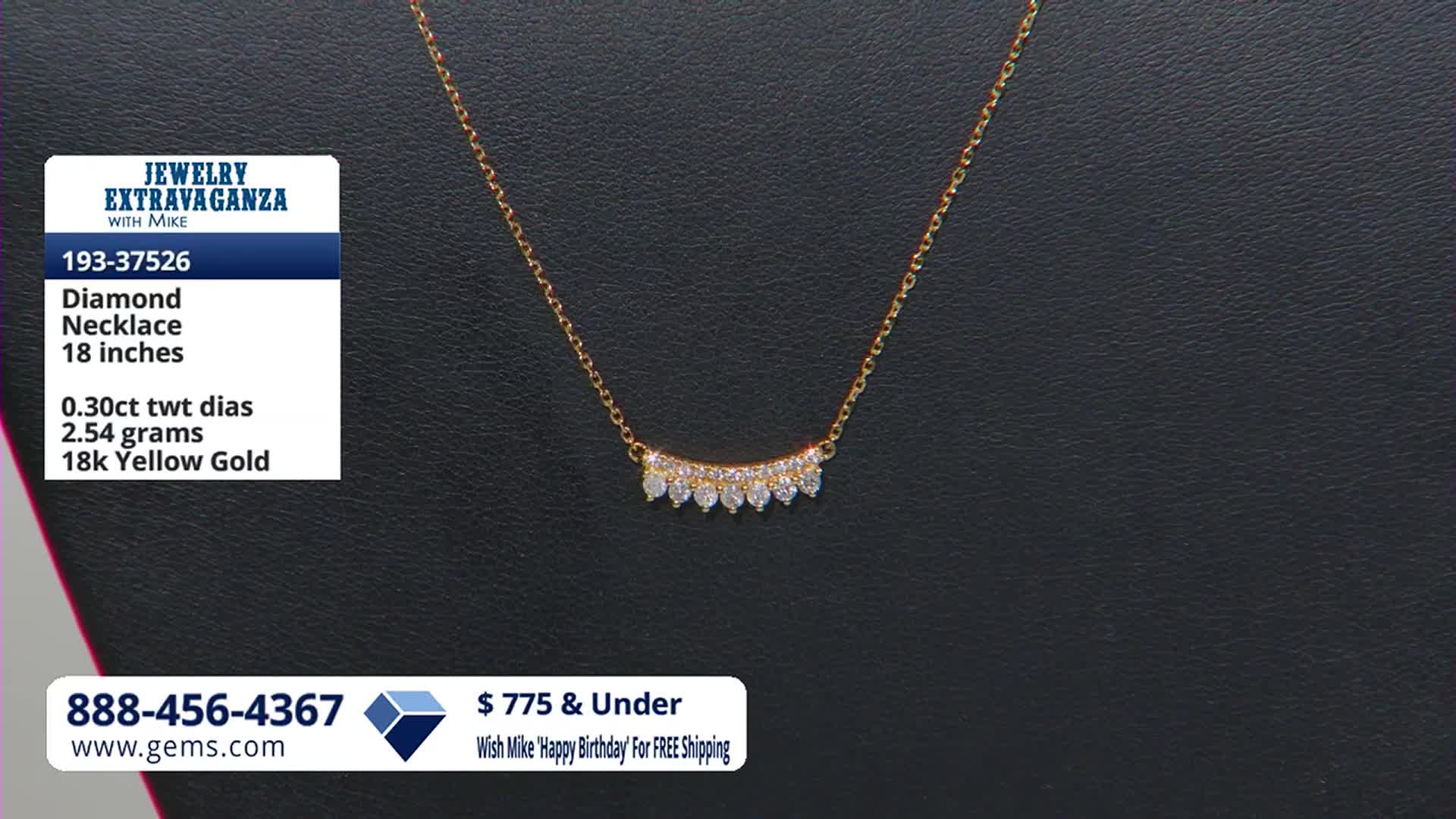 A delicate gold chain suspends a curved row of sparkling diamonds, each stone catching the light. This necklace, featured on Jewelry Extravaganza with Mike, is available for purchase from gems.com.