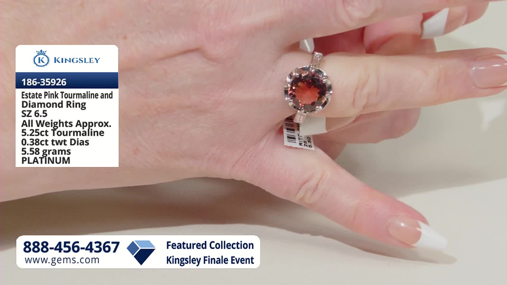 A hand displays a large pink tourmaline ring, its facets catching the light. The ring is a featured item from the Kingsley Finale Event on the Gem Shopping Network.
