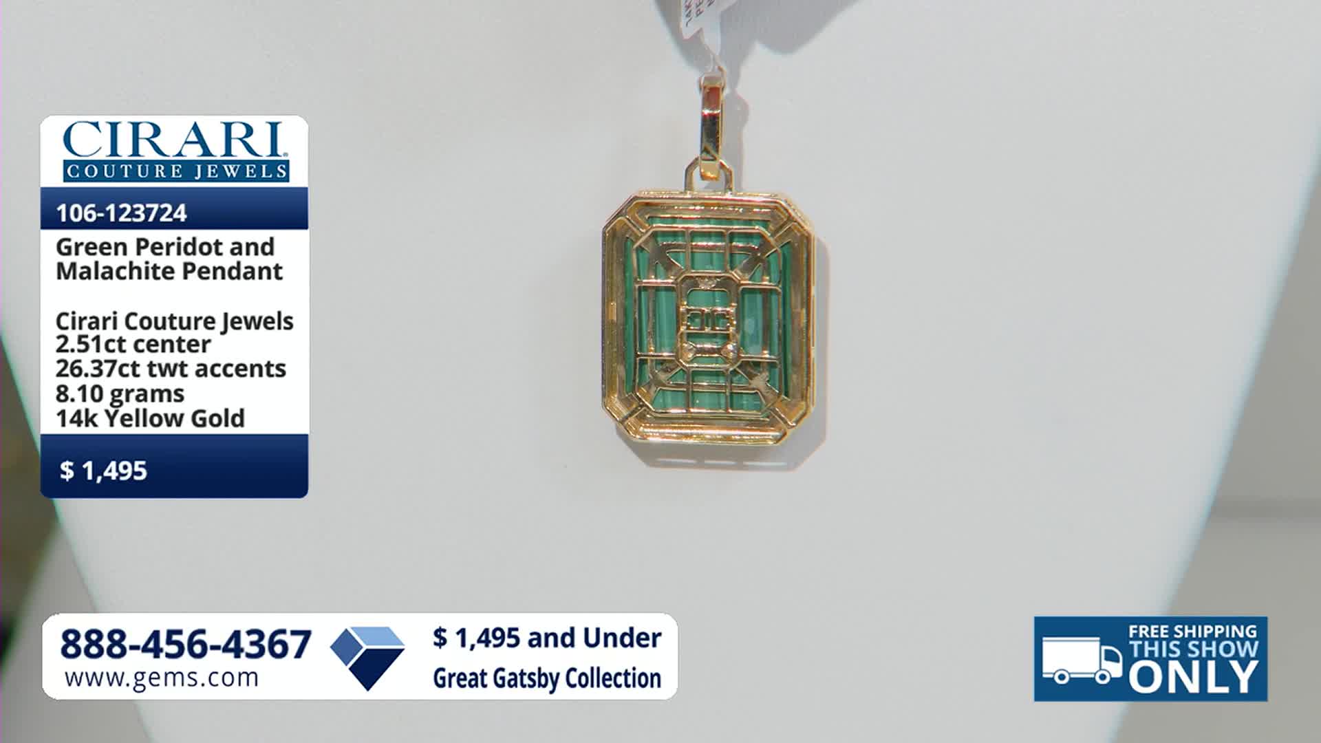 A rectangular pendant, featuring a green peridot and malachite design, hangs from a gold bail. The Gem Shopping Network is presenting this piece, priced at $1,495.