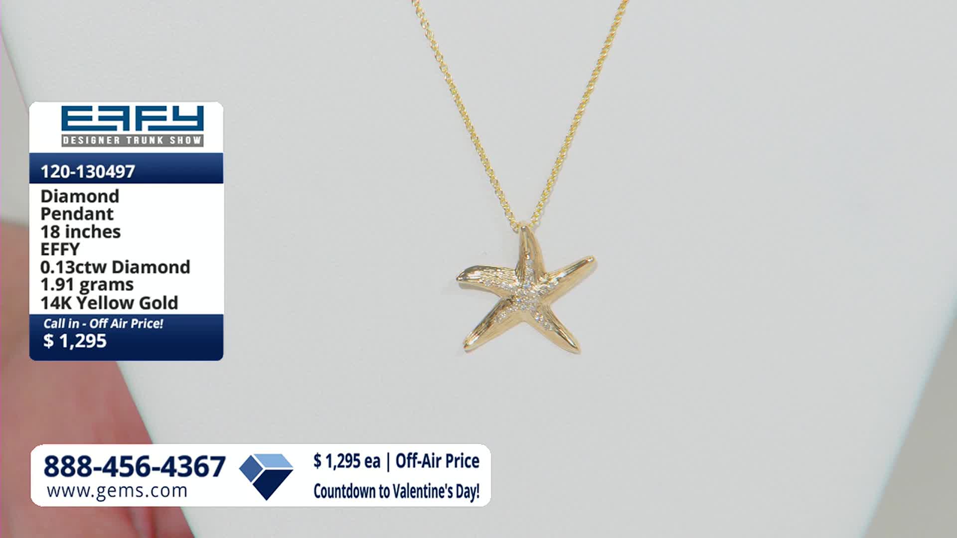 A delicate gold chain holds a starfish pendant, its surface sparkling with tiny diamonds. The Gem Shopping Network displays this piece, highlighting its value at $1,295.