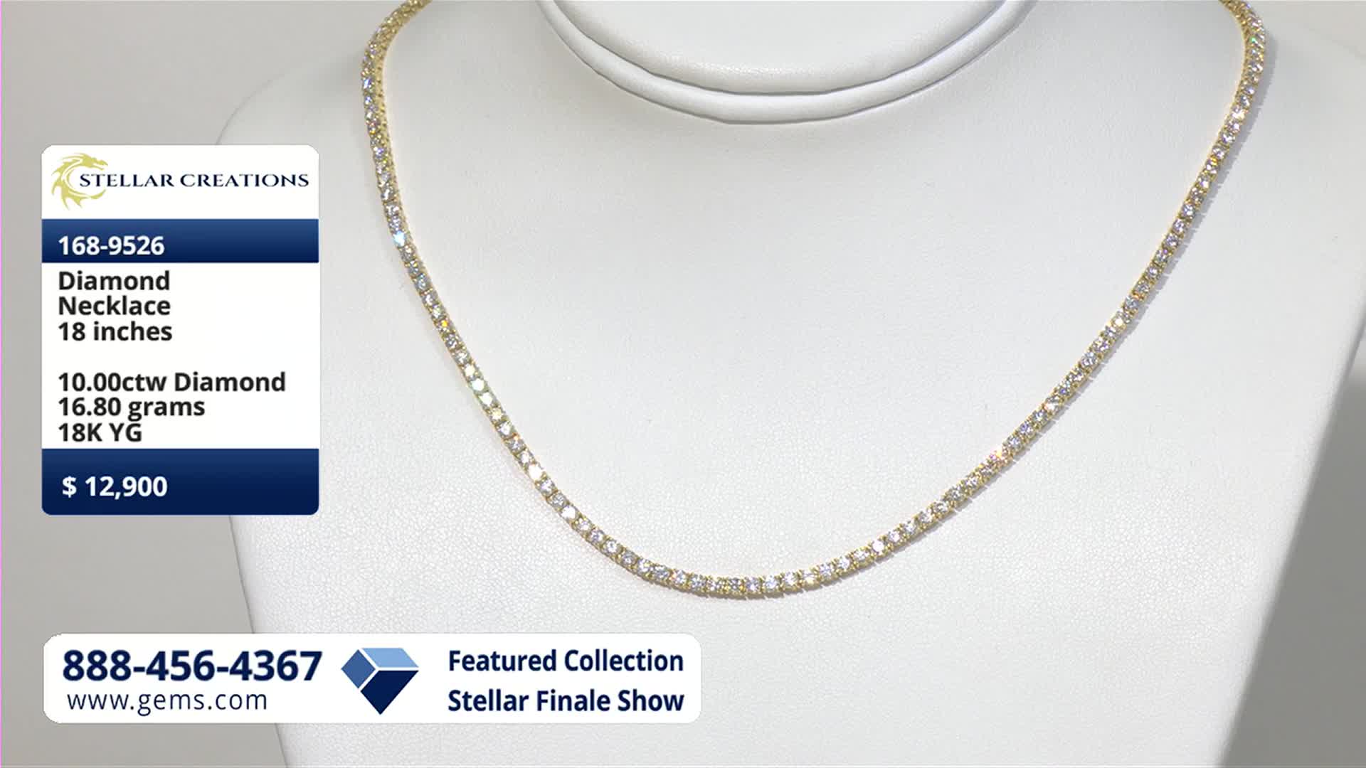 A delicate diamond necklace, set in yellow gold, drapes across a white display. The Gem Shopping Network's logo and details for this Stellar Creations piece are visible on the left.
