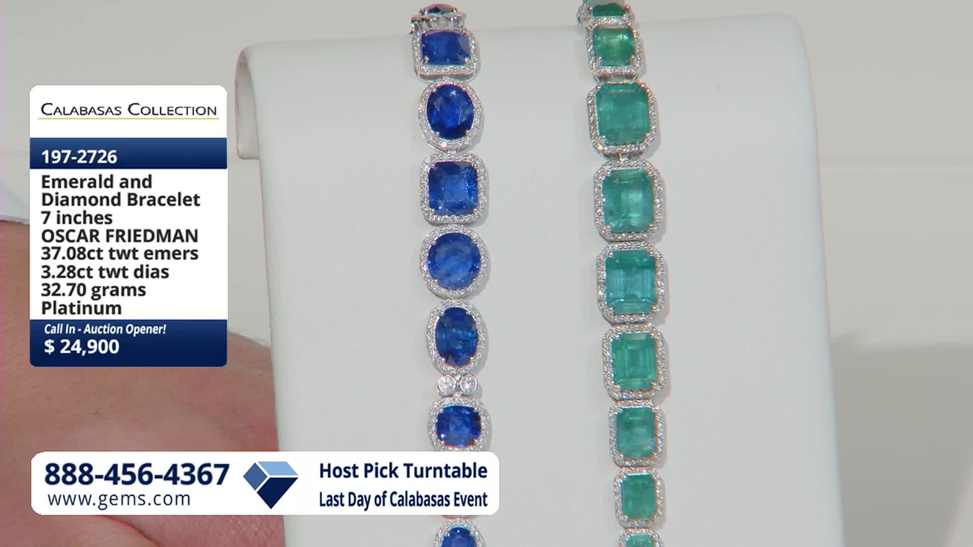 Two bracelets, one with deep blue stones and the other with vibrant green stones, are displayed on a white stand. The Gem Shopping Network information on the left indicates this is the Calabasas Collection.