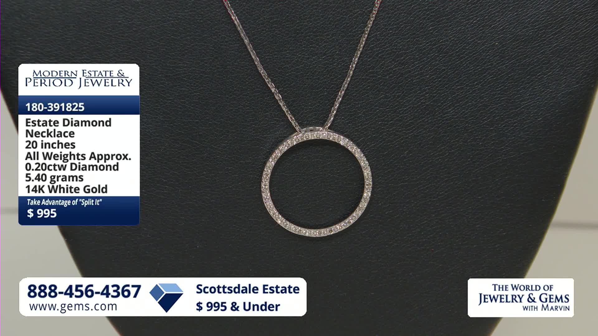 A diamond-encrusted circle pendant hangs from a delicate chain. This piece, part of an estate collection, is available for $995.