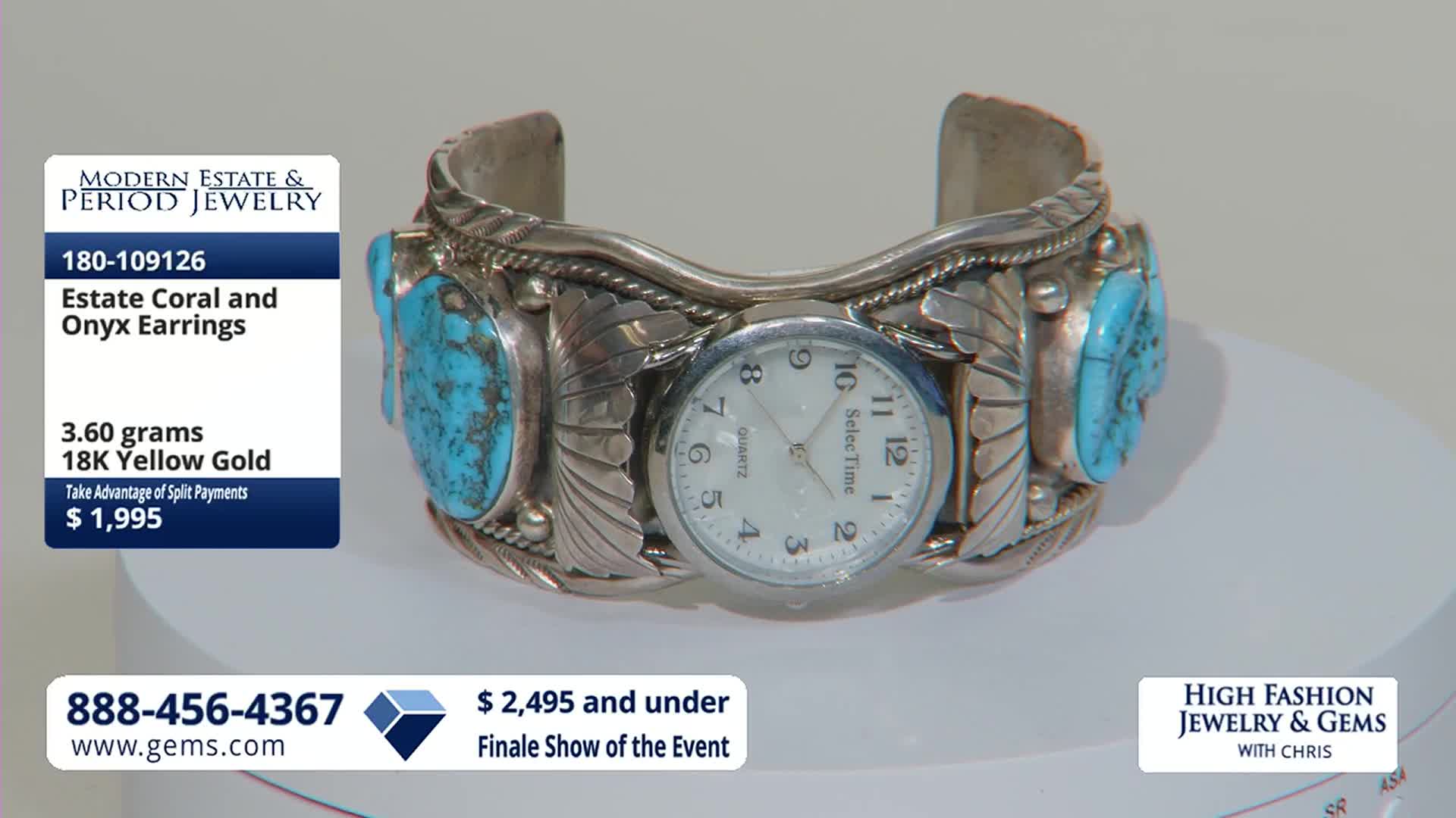 A silver cuff bracelet with turquoise stones and a watch face sits on a white pedestal. The Gem Shopping Network graphic overlays the image, detailing the item's price and description.