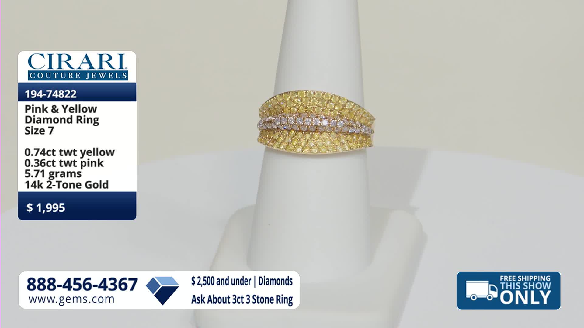 A ring with yellow and pink diamonds sits on a white display. The Gem Shopping Network logo and product details are visible on the left.