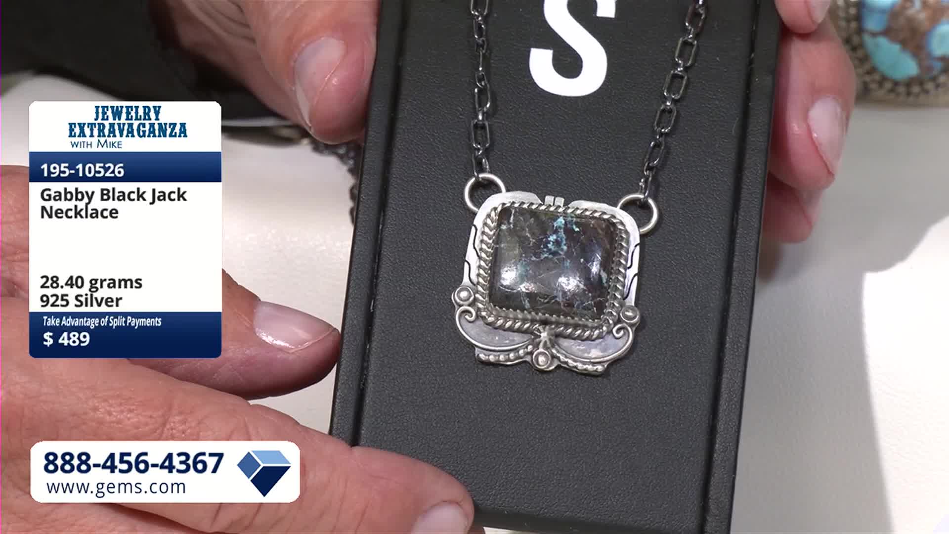 A hand holds up a necklace with a dark, speckled stone. The Gem Shopping Network logo and product details are visible on a card beside it.