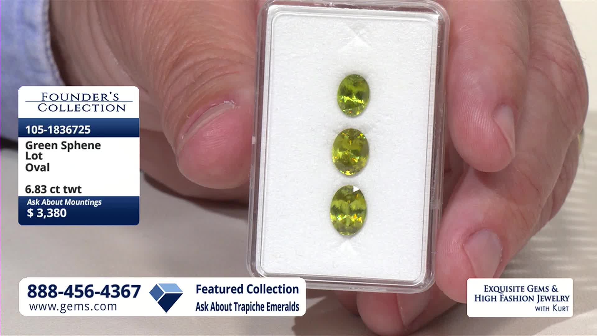 A hand holds a clear case containing three oval, green sphene gemstones. The Gem Shopping Network logo and a price of $3,380 are visible on a label.