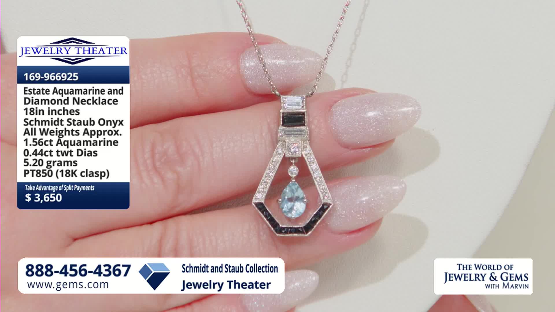 A delicate aquamarine and diamond necklace hangs from a hand, its pear-shaped aquamarine catching the light. The pendant, a geometric design with black onyx accents, is presented on the Gem Shopping Network.