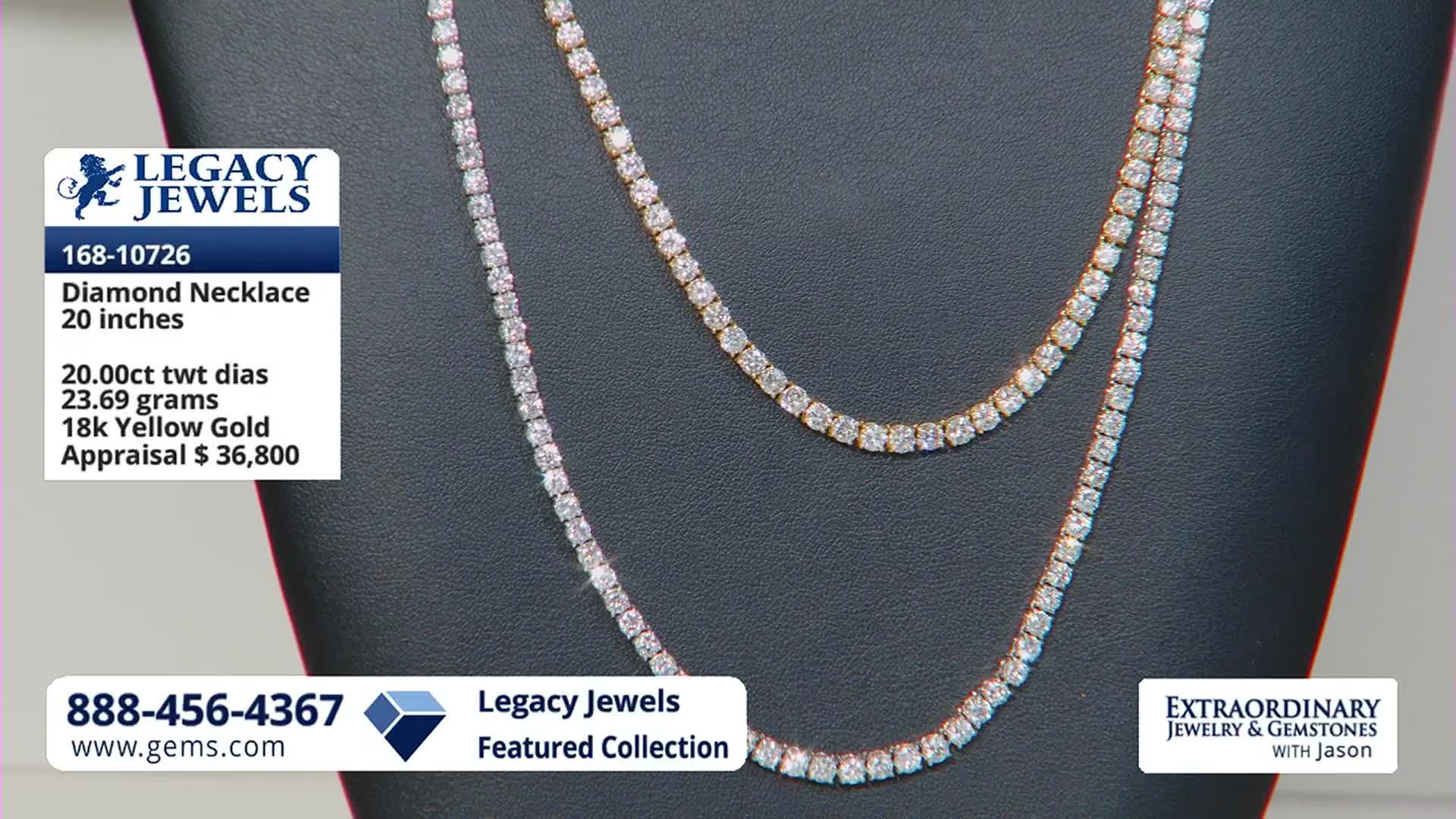 Two diamond necklaces, one in white gold and one in yellow gold, drape across a dark display. The camera slowly pans across the sparkling stones, highlighting their brilliance.