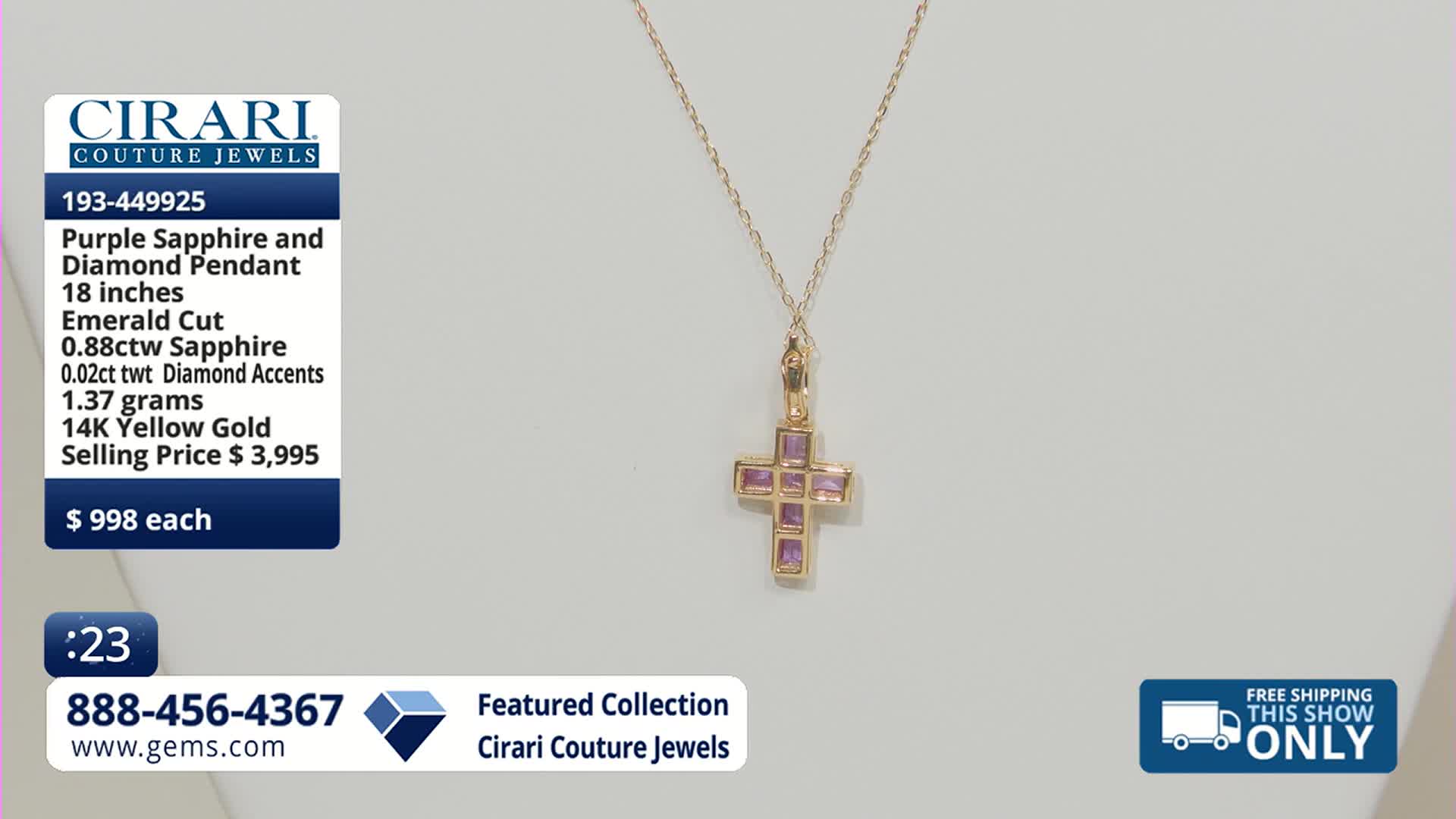 A delicate gold chain holds a cross pendant, its arms set with rectangular purple stones. The Gem Shopping Network logo and pricing information are displayed on the left.