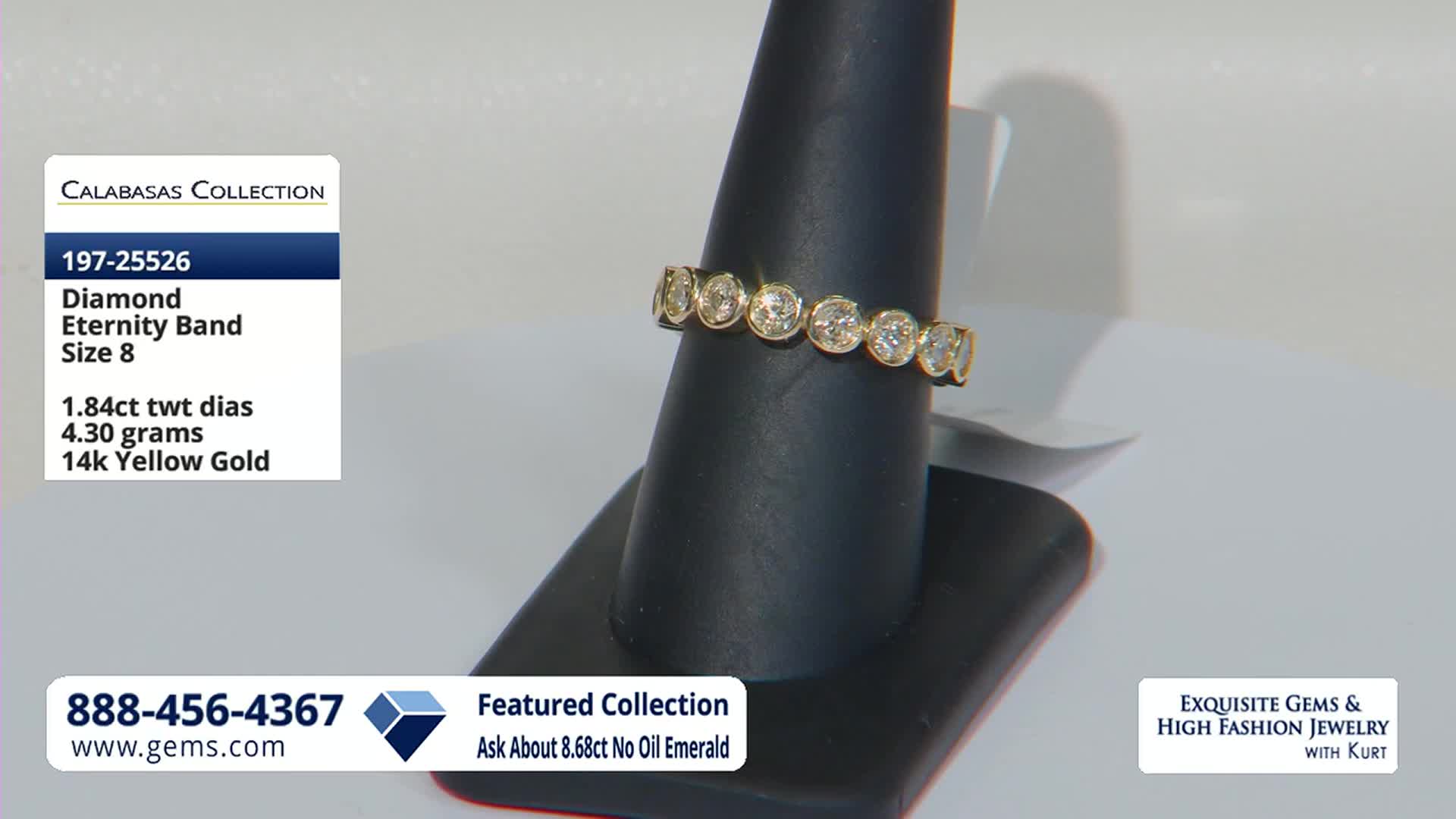 A 14k yellow gold eternity band with diamonds sits on a black display. The Gem Shopping Network logo and product details are visible on the left.