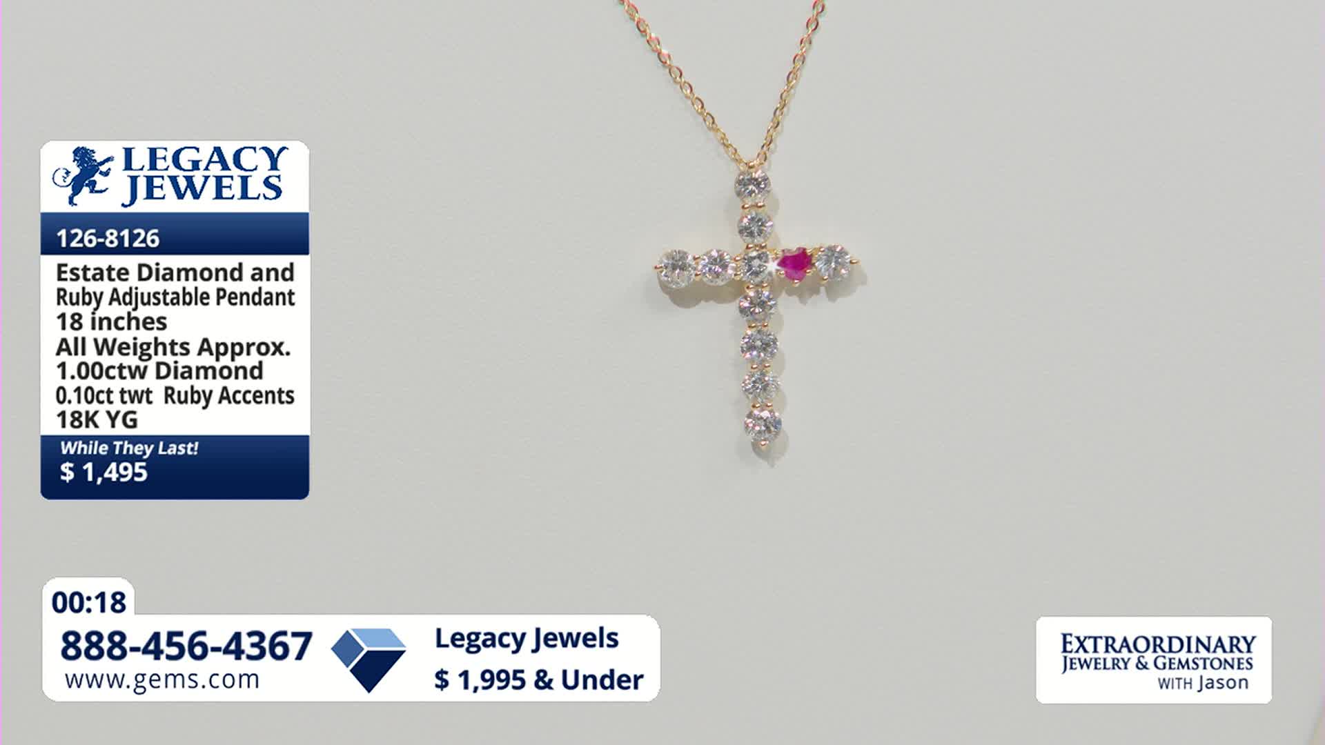 A delicate gold chain holds a cross pendant, its arms and stem lined with sparkling diamonds and a single ruby accent. The pendant, featured on Gem Shopping Network, is an estate piece with a price of $1,495.