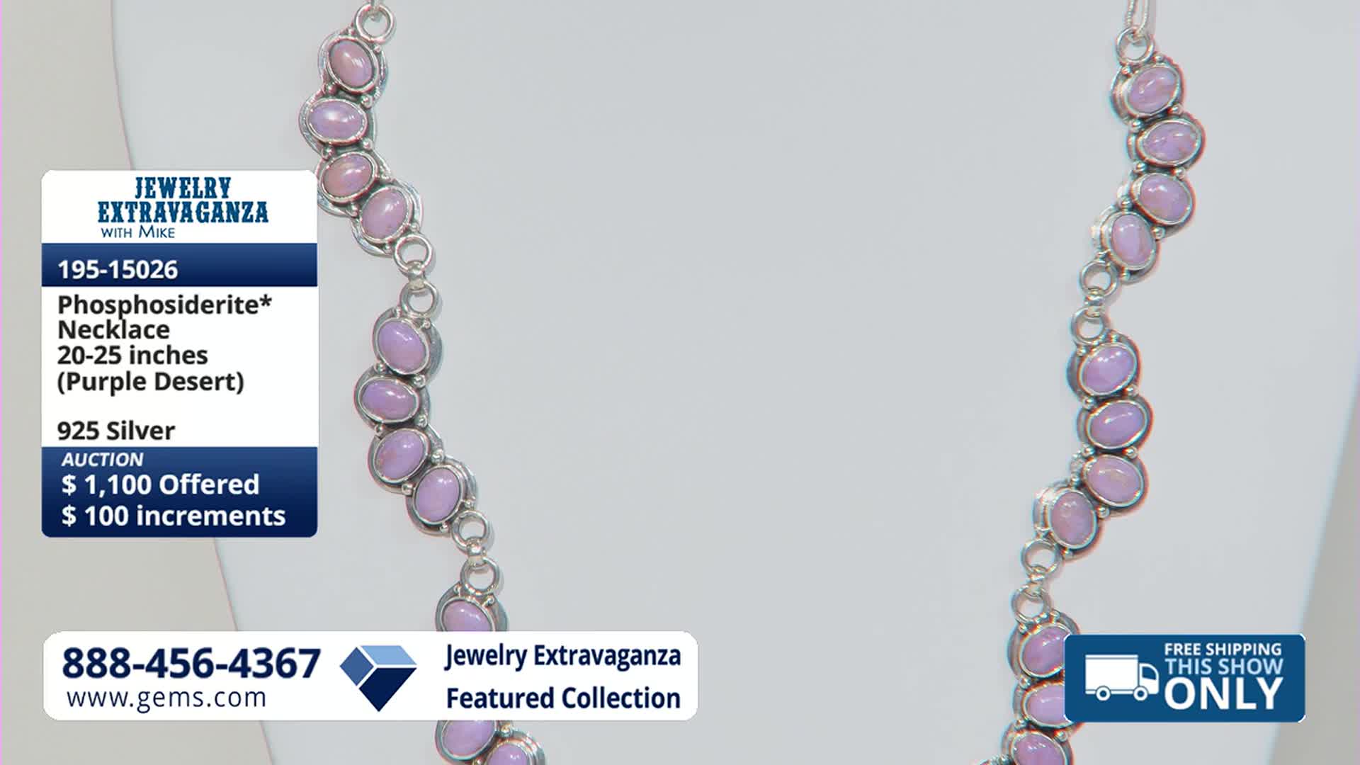 A necklace with oval, lavender stones dangles against a white background. The Gem Shopping Network's logo and auction details are visible on the left.