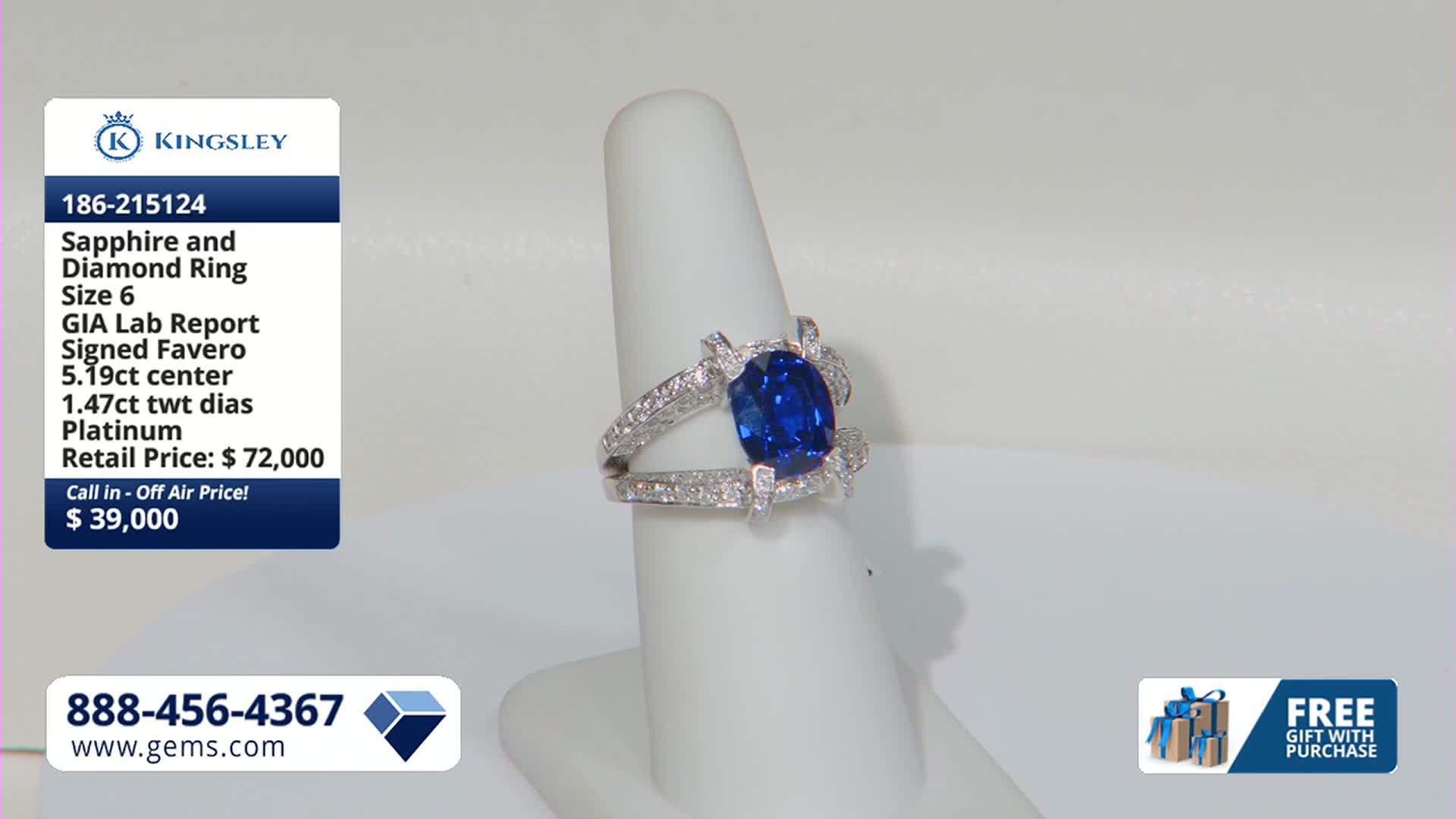 A large, oval sapphire is set in a platinum ring, surrounded by smaller diamonds. The ring is displayed on a white stand, with text overlaying the image detailing its specifications and price.