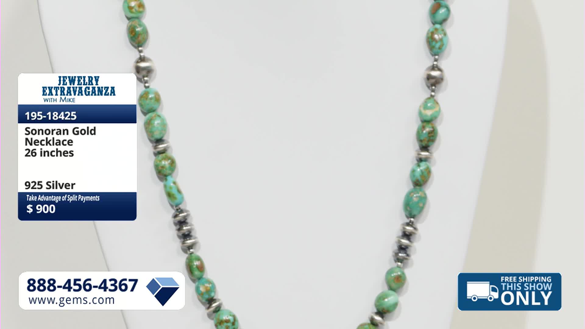 A Sonoran Gold necklace, made of 925 silver and turquoise beads, is displayed. The Gem Shopping Network is offering this 26-inch piece for $900.
