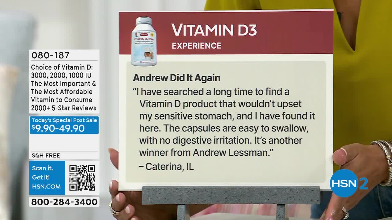 A woman holds a sign advertising Vitamin D3 from HSN2. The sign features a customer testimonial and the product's price.
